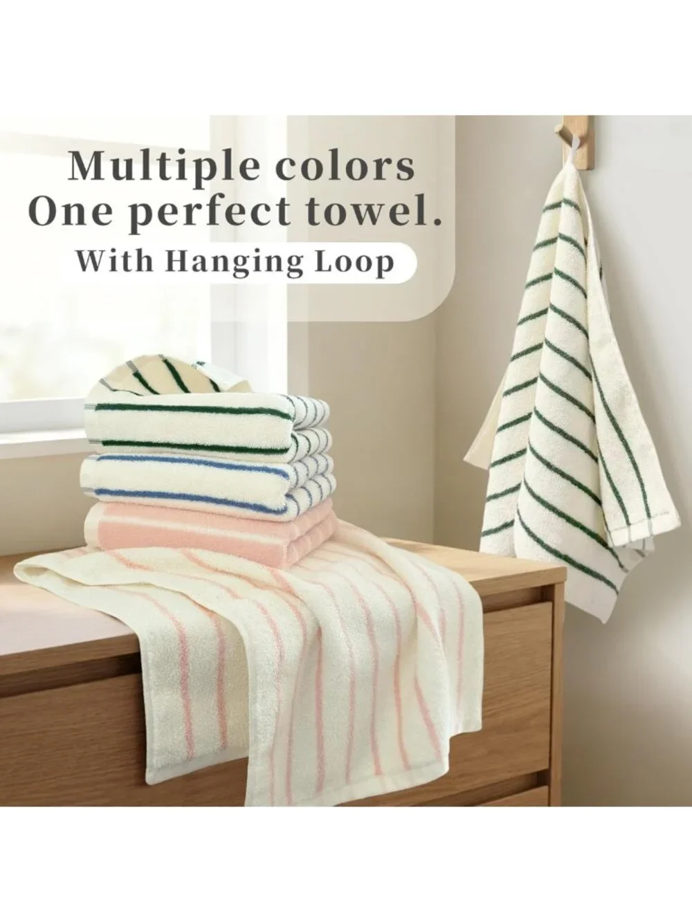 Set of 2 Green Stripe Cotton Hand Towels - Ultra Absorbent, Soft & Durable 13x28